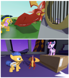 Size: 1958x2230 | Tagged: safe, artist:northern haste, basil, flash sentry, twilight sparkle, dragon, pegasus, pony, unicorn, g4, 2 panel comic, 3d, cardboard box, colt, colt flash sentry, comic, diaper, diaper fetish, fantasy class, female, fetish, filly, filly twilight sparkle, imagination, knight, knight rescues the princess, male, medieval, non-baby in diaper, playing, pretend, princess, royal guard, source filmmaker, sword, toy, unicorn twilight, warrior, weapon, younger