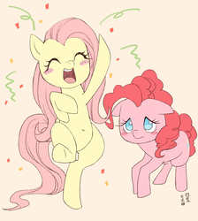 Size: 1000x1118 | Tagged: safe, artist:yanamosuda, fluttershy, pinkie pie, earth pony, pegasus, pony, belly button, bipedal, blush sticker, blushing, body swap, cheering, confetti, cute, diapinkes, duo, eyes closed, female, floppy ears, frown, happy, kinetic contrast, mare, open mouth, out of character, personality swap, raised leg, role reversal, shy, shyabetes, simple background, smiling, underhoof, voice actor joke, white background