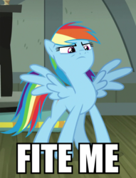 Size: 762x1000 | Tagged: safe, edit, edited screencap, screencap, rainbow dash, daring done?, g4, action pose, caption, female, fight me, fighting stance, frown, image macro, lidded eyes, meme, reaction image, solo, spread wings, stare, text, wide stance, wings