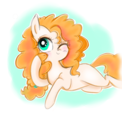 Size: 869x870 | Tagged: safe, artist:pinkablue, derpibooru exclusive, pear butter, earth pony, pony, g4, female, mare, missing cutie mark, one eye closed, simple background, smiling, solo, wink