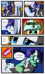 Size: 1700x2800 | Tagged: safe, artist:elmutanto, part of a set, lyra heartstrings, oc, oc:raribot, pony, robot, robot pony, unicorn, g4, canon x oc, clothes, comic, commission, duo, duo female, female, lesbian, part of a series, scarf, shipping