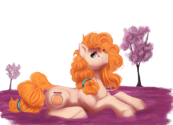 Size: 2000x1459 | Tagged: safe, artist:11-shadow, pear butter, earth pony, pony, g4, female, mare, prone, smiling, solo