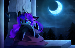 Size: 2329x1520 | Tagged: safe, artist:magnaluna, princess luna, alicorn, pony, g4, alternate universe, cute, female, galaxy mane, lonely, looking down, lunabetes, mare, moon, moonlight, pillow, solo, starry night