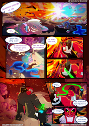 Size: 3500x4950 | Tagged: safe, artist:light262, artist:lummh, lord tirek, princess celestia, princess luna, alicorn, changeling, pony, comic:timey wimey, g4, beam struggle, comic, dialogue, evil smile, female, glowing horn, grin, horn, magic theft, mare, royal sisters, smiling, speech bubble