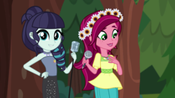 Size: 1280x718 | Tagged: safe, artist:jhayarr23, artist:themexicanpunisher, edit, edited screencap, screencap, coloratura, gloriosa daisy, equestria girls, g4, my little pony equestria girls: legend of everfree, clothes, dress, looking at you, microphone, rara, smiling