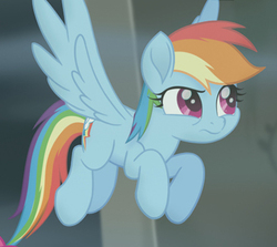 Size: 410x365 | Tagged: safe, screencap, rainbow dash, beyond equestria, g4, my little pony: the movie, my little pony: the movie: the junior novel, cropped, female, solo, spread wings, suspicious, wings