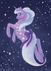 Size: 600x840 | Tagged: safe, artist:plastichorseyhoarder, milky way, pony, unicorn, g1, bow, long tail, looking at you, smiling, space, stars, tail bow, twice as fancy ponies