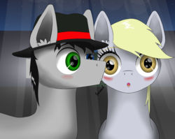 Size: 900x716 | Tagged: safe, artist:zeronitroman, derpy hooves, oc, earth pony, pony, g4, blushing, canon x oc, earth pony oc, female, grey fur, hat, heterochromia, kissing, male, shipping, straight, uncanny valley, unintentionally creepy