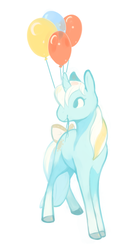 Size: 500x900 | Tagged: safe, artist:bananasmores, sunbeam, pony, unicorn, g1, balloon, bow, female, happy, looking at something, mare, mouth hold, simple background, solo, tail bow, white background