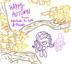 Size: 2898x2585 | Tagged: safe, artist:adorkabletwilightandfriends, spike, starlight glimmer, dragon, pony, unicorn, comic:adorkable twilight and friends, g4, above, autumn, high angle, high res, leaves, lineart, patreon, perspective, tree, walking