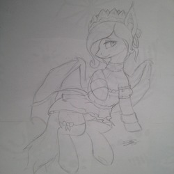 Size: 1280x1280 | Tagged: safe, artist:lilac, oc, oc only, oc:lilac mist, bat pony, pony, blushing, bow, clothes, crown, dress, female, jewelry, monochrome, regalia, socks, solo, traditional art