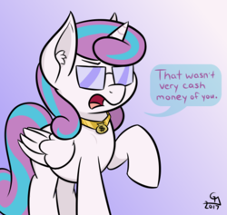 Size: 540x512 | Tagged: dead source, safe, artist:glimglam, princess flurry heart, alicorn, pony, g4, cash money, dialogue, ear fluff, featured image, female, gold digger, gradient background, jewelry, mare, meme, necklace, older, older flurry heart, open mouth, ponified, purple background, raised hoof, solo, sunglasses, teenage flurry heart, teenager