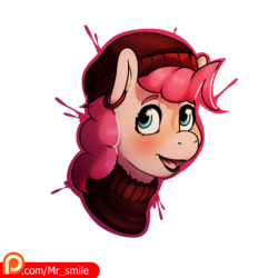 Size: 4000x4000 | Tagged: safe, artist:mr.smile, pinkie pie, earth pony, pony, g4, alternate hairstyle, beanie, blushing, bust, clothes, ear piercing, earring, female, hat, jewelry, lipstick, mare, patreon, patreon logo, piercing, punk, simple background, smiling, solo, sweater, transparent background