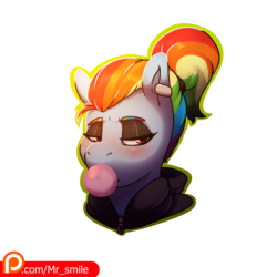 Size: 4000x4000 | Tagged: safe, artist:mr.smile, rainbow dash, pegasus, pony, g4, alternate hairstyle, blushing, bubblegum, clothes, ear piercing, earring, eyeshadow, female, food, gum, hoodie, jewelry, lipstick, makeup, mare, patreon, patreon logo, piercing, ponytail, punk, simple background, solo, transparent background