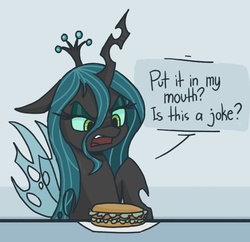 Size: 754x729 | Tagged: safe, artist:plunger, queen chrysalis, changeling, changeling queen, g4, /mlp/, 4chan, annoyed, colored, confused, cute, cutealis, dialogue, drawthread, eyeshadow, female, floppy ears, food, frown, funny, glare, gray background, makeup, open mouth, plate, pointing, raised eyebrow, sandwich, simple background, sitting, solo, speech bubble, spread wings, text, unamused, wings