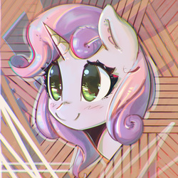 Size: 900x900 | Tagged: safe, artist:mirroredsea, sweetie belle, pony, unicorn, g4, blushing, bust, chromatic aberration, cute, diasweetes, ear fluff, female, filly, portrait, smiling, solo