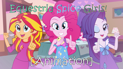 Size: 1280x720 | Tagged: safe, artist:amante56, pinkie pie, rarity, sunset shimmer, equestria girls, g4, brush, cellphone, clothes, equestria spice girls, hairbrush, one eye closed, pajamas, phone, spoon, wannabe, wink
