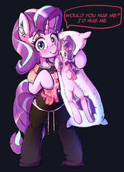 Size: 870x1200 | Tagged: safe, artist:hoodie, starlight glimmer, unicorn, semi-anthro, g4, bipedal, body pillow, bronybait, clothes, cute, female, glimmerbetes, hug, mare, pajamas, pants, pillow, shirt, solo, suggestive source, sweet dreams fuel