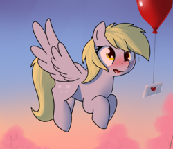 Size: 1501x1288 | Tagged: safe, artist:neuro, derpy hooves, pegasus, pony, g4, balloon, blushing, cute, derpabetes, female, flying, letter, mare, solo
