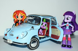 Size: 5778x3797 | Tagged: safe, artist:pmbsakura37, spike, sunset shimmer, twilight sparkle, dog, equestria girls, g4, car, doll, equestria girls minis, eqventures of the minis, irl, photo, photography, spike the dog, subaru, subaru 360, toy