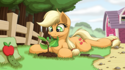 Size: 3840x2160 | Tagged: safe, artist:ohemo, applejack, earth pony, pony, g4, barn, cute, female, fence, freckles, high res, jackabetes, mare, mouth hold, prone, smiling, solo, sploot, sweet apple acres, watering, watering can