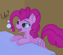 Size: 850x736 | Tagged: safe, artist:treekickerdraws, pinkie pie, earth pony, pony, g4, bed, breath, bronybait, female, solo, upsies