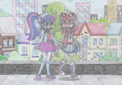 Size: 2444x1704 | Tagged: safe, artist:nephilim rider, sci-twi, twilight sparkle, oc, oc:heaven lost, equestria girls, g4, blushing, canon x oc, converse, female, holding hands, lesbian, shoes, smiling, traditional art, walking