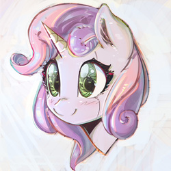 Size: 900x900 | Tagged: dead source, safe, artist:mirroredsea, sweetie belle, pony, robot, robot pony, unicorn, friendship is witchcraft, g4, blushing, bust, cute, diasweetes, female, filly, foal, horn, portrait, smiling, solo, sweetie bot