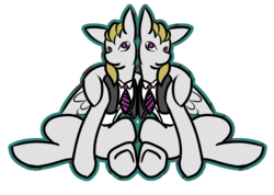 Size: 1109x790 | Tagged: safe, artist:tartsarts, oc, oc only, oc:scratch, oc:scribble, changeling, pegasus, pony, clothes, duo, necktie, somnus's subjects, suit, twins