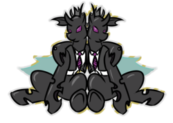 Size: 1109x790 | Tagged: safe, artist:tartsarts, oc, oc only, oc:scratch, oc:scribble, changeling, clothes, necktie, purple changeling, suit, wings