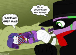 Size: 1024x745 | Tagged: safe, artist:robukun, rarity, spike, equestria girls, g4, bondage, cloth gag, gag, human spike, over the nose gag, pulp hero, the shadow, tied up