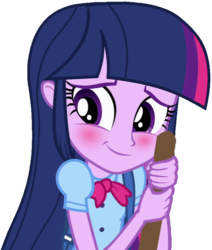 Size: 745x879 | Tagged: safe, artist:thebar, twilight sparkle, equestria girls, g4, my little pony equestria girls, bag, blushing, broom, cute, female, simple background, solo, stick, transparent background, twiabetes