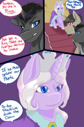 Size: 1024x1536 | Tagged: safe, artist:jeyjeymohr, king sombra, princess platinum, star swirl the bearded, pony, unicorn, comic:crownless, g4, comic, crown, dialogue, jewelry, regalia, throne