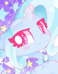 Size: 3218x4096 | Tagged: safe, artist:sohmasatori, trixie, pony, g4, blushing, bust, cape, clothes, cute, diatrixes, female, hat, looking at you, portrait, simple background, smiling, solo, trixie's cape, trixie's hat