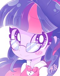 Size: 3218x4096 | Tagged: safe, artist:sohmasatori, sci-twi, twilight sparkle, human, equestria girls, g4, blushing, bow, bowtie, bust, clothes, cute, female, glasses, looking at you, meganekko, portrait, simple background, smiling, solo, sweet dreams fuel, twiabetes, white background
