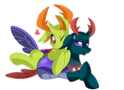 Size: 4094x2975 | Tagged: safe, artist:pridark, pharynx, thorax, changedling, changeling, pony, g4, to change a changeling, brotherly love, brothers, changedling brothers, commission, commissioner:navelcolt, cute, duo, duo male, ear bite, heart, king thorax, male, pharybetes, prince pharynx, prone, sibling, sibling love, siblings, simple background, sweat, sweatdrop, thorabetes, transparent background, unamused