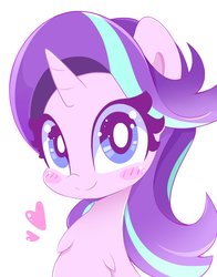Size: 3218x4096 | Tagged: safe, artist:sohmasatori, starlight glimmer, pony, unicorn, g4, blush sticker, blushing, bust, chest fluff, cute, female, floating heart, fluffy, glimmerbetes, heart, looking at you, mare, neck fluff, simple background, smiling, solo, sweet dreams fuel, white background