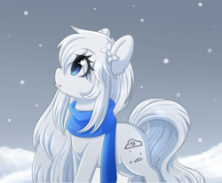 Size: 2839x2344 | Tagged: safe, artist:fluffymaiden, oc, oc only, oc:sugar puff, earth pony, pony, clothes, cute, female, gift art, high res, looking up, mare, ocbetes, scarf, snow, snowfall, solo