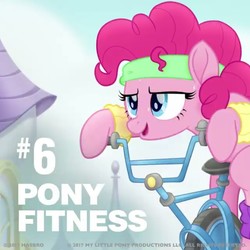 Size: 720x720 | Tagged: safe, pinkie pie, earth pony, pony, g4, my little pony: the movie, egg beater, exercise, exercise bike, female, leg warmers, solo, sweatband, unicycle
