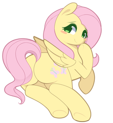 Size: 900x982 | Tagged: safe, artist:pinkcappachino, fluttershy, pegasus, pony, g4, blush sticker, blushing, butt, cute, female, flutterbutt, hoof on chin, looking back, mare, plot, shyabetes, simple background, smiling, solo, squishy, white background