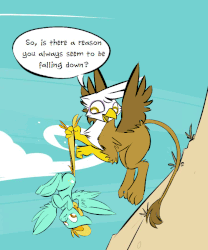 Size: 750x900 | Tagged: safe, artist:cider, gilda, lightning dust, griffon, pegasus, pony, g4, :t, animated, butt, carrying, chest fluff, cute, dock, female, flapping, floppy ears, fluffy, flying, food chain, frown, gif, mare, open mouth, plot, predator, predator vs prey, prey, smiling, speech bubble, spread wings, tail, tail pull, underhoof, upside down, wing fluff, wings