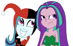 Size: 1125x713 | Tagged: safe, artist:eagc7, aria blaze, sonata dusk, equestria girls, g4, angry, annoyed, bare shoulders, clothes, cosplay, costume, crossed arms, crossover, dc comics, female, gloves, happy, harley quinn, jester, lesbian, poison ivy, ship:arisona, shipping, shoulderless, simple background, sleeveless, smiling, strapless, the dazzlings, transparent background