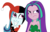 Size: 1125x713 | Tagged: safe, artist:eagc7, aria blaze, sonata dusk, equestria girls, g4, angry, annoyed, bare shoulders, clothes, cosplay, costume, crossed arms, crossover, dc comics, female, gloves, happy, harley quinn, jester, lesbian, poison ivy, ship:arisona, shipping, shoulderless, simple background, sleeveless, smiling, strapless, the dazzlings, transparent background