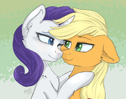 Size: 1201x940 | Tagged: safe, artist:haruhi-il, applejack, rarity, earth pony, pony, unicorn, g4, duo, ear fluff, female, floppy ears, fluffy, lesbian, looking at each other, mare, one eye closed, ship:rarijack, shipping, simple background, wink