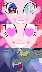 Size: 1280x2160 | Tagged: safe, edit, edited screencap, screencap, discord, pinkie pie, princess celestia, coinky-dink world, equestria girls, g4, my little pony equestria girls: summertime shorts, to where and back again, angry, comic, heart eyes, implied dislestia, implied shipping, implied straight, meme, optilestia, optimus prime, pinkie the shipper, pinkie's eyes, shipper on deck, shipping denied, transformers, wingding eyes