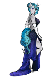 Size: 2779x4000 | Tagged: safe, artist:askbubblelee, oc, oc only, oc:bubble lee, unicorn, anthro, unguligrade anthro, alternate hairstyle, alternate universe, anthro oc, arm freckles, ass, back freckles, backless, beautiful, beautisexy, big breasts, body freckles, breasts, butt, clothes, coat markings, curvy, cutie mark, dress, evening dress, evening gloves, eyelashes, eyeshadow, female, freckles, gala dress, gloves, gown, hair bun, hip freckles, leg freckles, legs, lips, lipstick, long gloves, looking back, makeup, mare, pose, sexy, shoulder freckles, side slit, simple background, socks (coat markings), solo, sparkles, sparkly dress, unshorn fetlocks, white background, willowverse