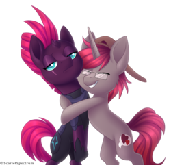 Size: 2702x2610 | Tagged: safe, artist:scarlet-spectrum, tempest shadow, oc, oc:linkin, pony, unicorn, g4, my little pony: the movie, armor, broken horn, canon x oc, commission, eye scar, glasses, high res, horn, hug, scar, simple background, tempest shadow is not amused, transparent background, unamused