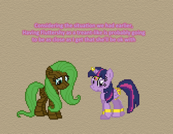 Size: 504x390 | Tagged: safe, artist:verve, fluttershy, twilight sparkle, alicorn, dryad, genie, pegasus, plant pony, pony, ask genie twilight, a health of information, g4, armband, brown background, female, flutterdryad, fluttertree, horn, horn cap, leg brace, mare, pixel art, simple background, transformation, twilight sparkle (alicorn), wing jewelry