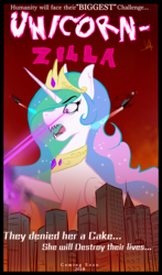 Size: 1392x2368 | Tagged: dead source, safe, artist:sadrodent, princess celestia, alicorn, pony, g4, city, destruction, eye beams, female, giant pony, helicopter, macro, sharp teeth, solo, teeth