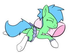 Size: 1000x727 | Tagged: artist needed, safe, oc, oc only, oc:spearmint, earth pony, pony, clothes, crossdressing, cute, male, pillow, skirt, sleeping, stallion, trap
